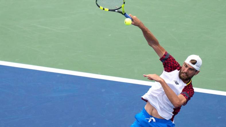 Maxime Cressy hits a slam while playing against Botic van de Zandschulp at the Western & Southern Open at the Lindner Family Tennis Center in Mason, Ohio, on Sunday, Aug. 14, 2022.

Western Southern Open Day One 012