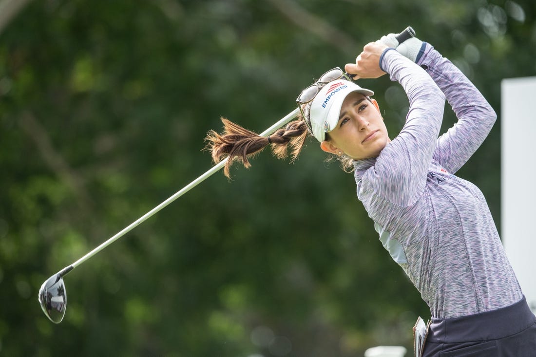 Aug 25, 2022; Ottawa, Ontario, CAN; Cheyenne Knight of the United States tees off during the first round of the CP Women's Open golf tournament. Mandatory Credit: Marc DesRosiers-USA TODAY Sports