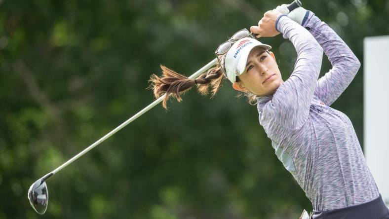 Aug 25, 2022; Ottawa, Ontario, CAN; Cheyenne Knight of the United States tees off during the first round of the CP Women's Open golf tournament. Mandatory Credit: Marc DesRosiers-USA TODAY Sports