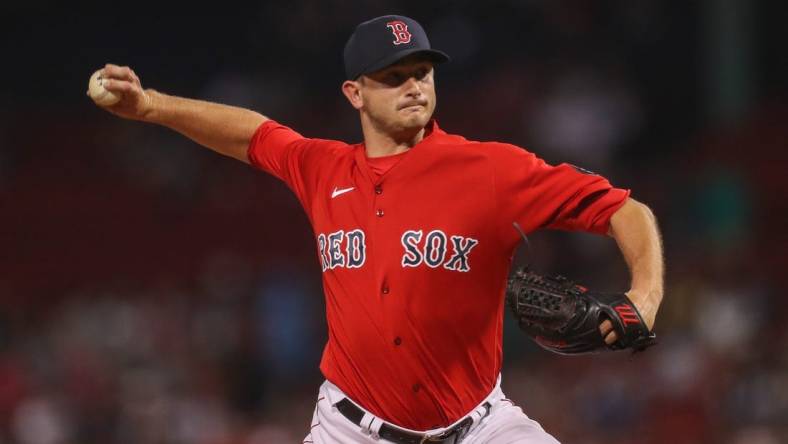 Aug 26, 2022; Boston, Massachusetts, USA; Boston Red Sox relief pitcher Garrett Whitlock (72) delivers a pitch during the ninth inning against the Tampa Bay Rays at Fenway Park. Mandatory Credit: Paul Rutherford-USA TODAY Sports