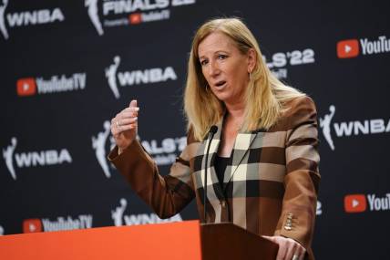 Sep 11, 2022; Las Vegas, Nevada, USA; WNBA commissioner Cathy Engelbert gives an opening statement to the media prior to game one of the 2022 WNBA Finals at Michelob Ultra Arena. Mandatory Credit: Lucas Peltier-USA TODAY Sports