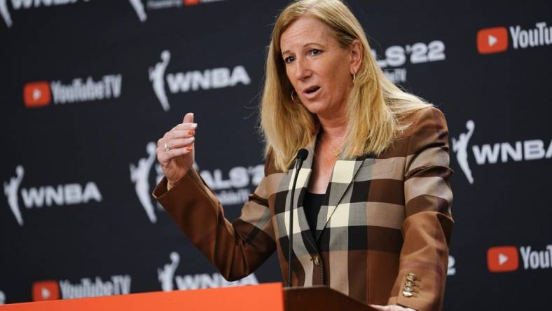 Sep 11, 2022; Las Vegas, Nevada, USA; WNBA commissioner Cathy Engelbert gives an opening statement to the media prior to game one of the 2022 WNBA Finals at Michelob Ultra Arena. Mandatory Credit: Lucas Peltier-USA TODAY Sports