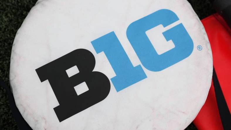 Sep 10, 2022; Madison, Wisconsin, USA;  Big Ten logo on sideline markers prior to the game between the Washington State Cougars and Wisconsin Badgers at Camp Randall Stadium. Mandatory Credit: Jeff Hanisch-USA TODAY Sports