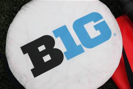 Sep 10, 2022; Madison, Wisconsin, USA;  Big Ten logo on sideline markers prior to the game between the Washington State Cougars and Wisconsin Badgers at Camp Randall Stadium. Mandatory Credit: Jeff Hanisch-USA TODAY Sports