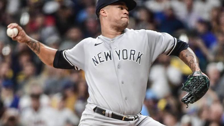 Sep 16, 2022; Milwaukee, Wisconsin, USA; New York Yankees pitcher Frankie Montas (47) throws a pitch in the first inning against the Milwaukee Brewers at American Family Field. Mandatory Credit: Benny Sieu-USA TODAY Sports