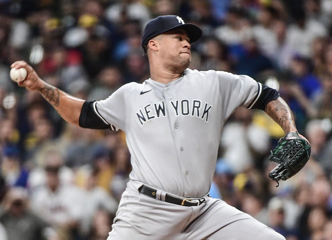 Sep 16, 2022; Milwaukee, Wisconsin, USA; New York Yankees pitcher Frankie Montas (47) throws a pitch in the first inning against the Milwaukee Brewers at American Family Field. Mandatory Credit: Benny Sieu-USA TODAY Sports