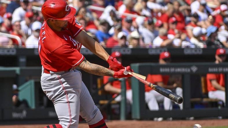 Sep 17, 2022; St. Louis, Missouri, USA;  Cincinnati Reds center fielder Nick Senzel (15) breaks his bat as he grounds out against the St. Louis Cardinals during the sixth inning at Busch Stadium. Mandatory Credit: Jeff Curry-USA TODAY Sports