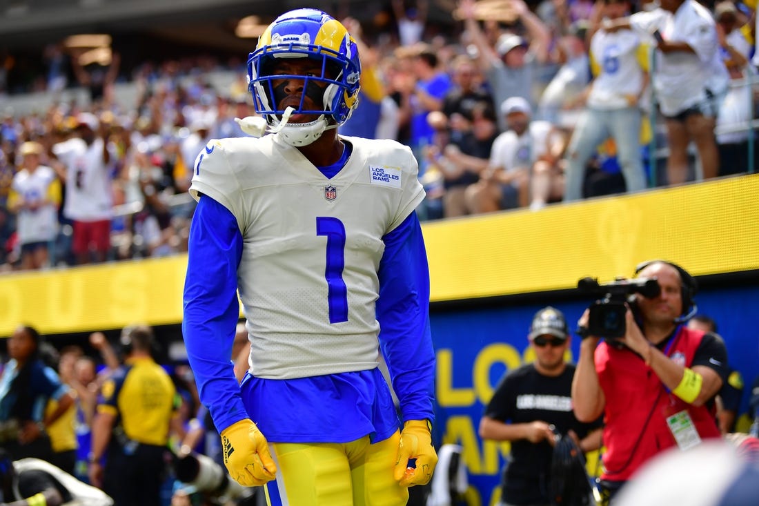 Sep 18, 2022; Inglewood, California, USA; Los Angeles Rams wide receiver Allen Robinson II (1) celebrates his touchdown scored against the Atlanta Falcons during the first half at SoFi Stadium. Mandatory Credit: Gary A. Vasquez-USA TODAY Sports