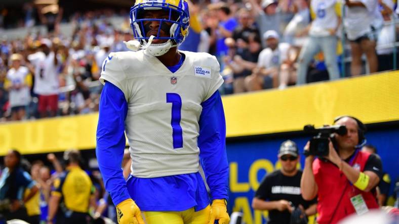 Sep 18, 2022; Inglewood, California, USA; Los Angeles Rams wide receiver Allen Robinson II (1) celebrates his touchdown scored against the Atlanta Falcons during the first half at SoFi Stadium. Mandatory Credit: Gary A. Vasquez-USA TODAY Sports