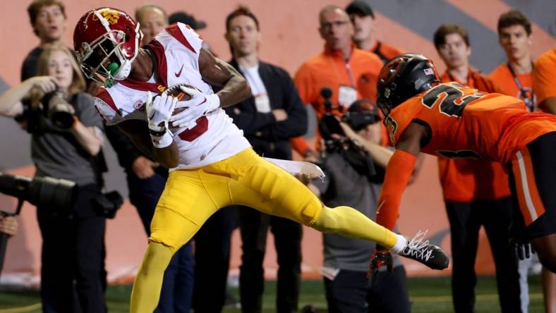 Sep 24, 2022; Corvallis, Oregon, USA;  USC Trojans wide receiver Jordan Addison (3) makes a catch for a touchdown against the Oregon State Beavers in the second half at Reser Stadium. The touchdown was the game winner as Trojans defeated Beavers 17-14. Mandatory Credit: Jaime Valdez-USA TODAY Sports