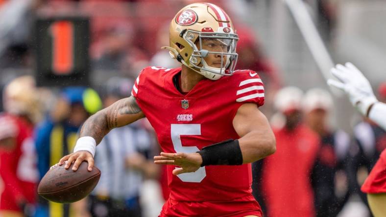 September 18, 2022; Santa Clara, California, USA; San Francisco 49ers quarterback Trey Lance (5) during the first quarter against the Seattle Seahawks at Levi's Stadium. Mandatory Credit: Kyle Terada-USA TODAY Sports