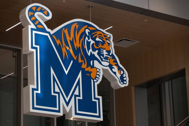 The University of Memphis logo hangs above an open Memphis Tigers basketball practice Friday, Sept. 30, 2022, at the University of Memphis.