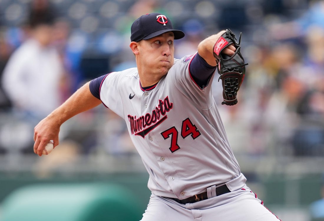 Sep 22, 2022; Kansas City, Missouri, USA; Minnesota Twins starting pitcher Josh Winder (74) pitches during the first inning against the Kansas City Royals at Kauffman Stadium. Mandatory Credit: Jay Biggerstaff-USA TODAY Sports