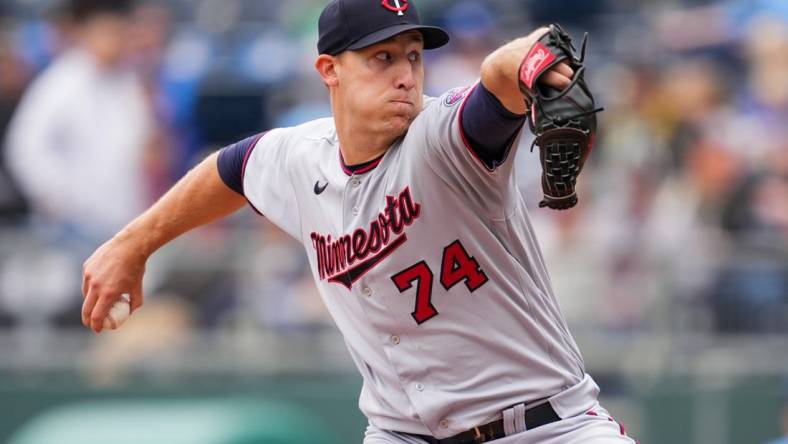 Sep 22, 2022; Kansas City, Missouri, USA; Minnesota Twins starting pitcher Josh Winder (74) pitches during the first inning against the Kansas City Royals at Kauffman Stadium. Mandatory Credit: Jay Biggerstaff-USA TODAY Sports