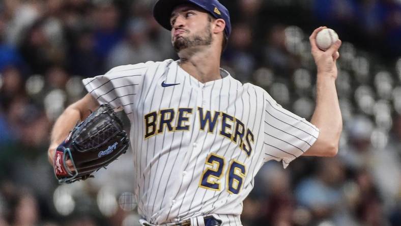 Oct 1, 2022; Milwaukee, Wisconsin, USA; Milwaukee Brewers pitcher Aaron Ashby (26) throws a pitch in the first inning against the Miami Marlins at American Family Field. Mandatory Credit: Benny Sieu-USA TODAY Sports