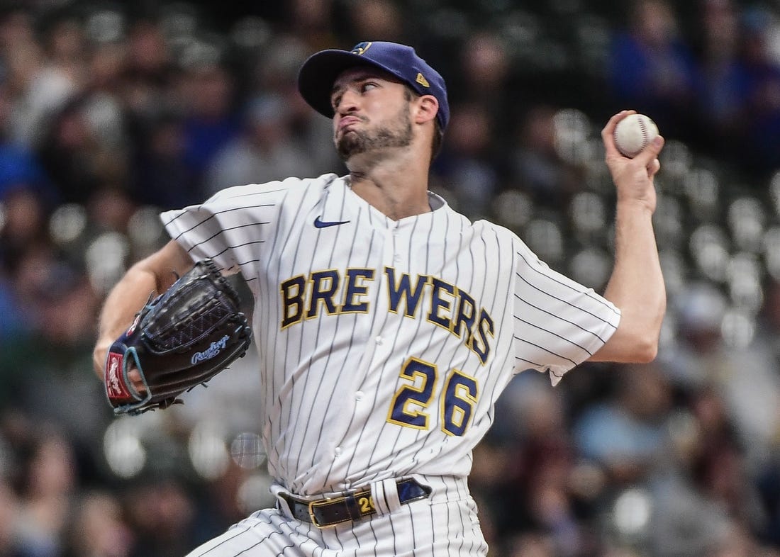 Oct 1, 2022; Milwaukee, Wisconsin, USA; Milwaukee Brewers pitcher Aaron Ashby (26) throws a pitch in the first inning against the Miami Marlins at American Family Field. Mandatory Credit: Benny Sieu-USA TODAY Sports