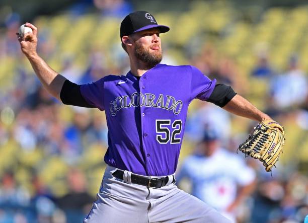 Oct 2, 2022; Los Angeles, California, USA;  Colorado Rockies relief pitcher Daniel Bard (52) earns a save in the ninth inning against the Colorado Rockies at Dodger Stadium. Mandatory Credit: Jayne Kamin-Oncea-USA TODAY Sports