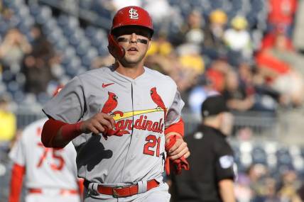 Oct 5, 2022; Pittsburgh, Pennsylvania, USA;  St. Louis Cardinals designated hitter Lars Nootbaar (21) runs home to score a run against the Pittsburgh Pirates during the first inning at PNC Park. Mandatory Credit: Charles LeClaire-USA TODAY Sports