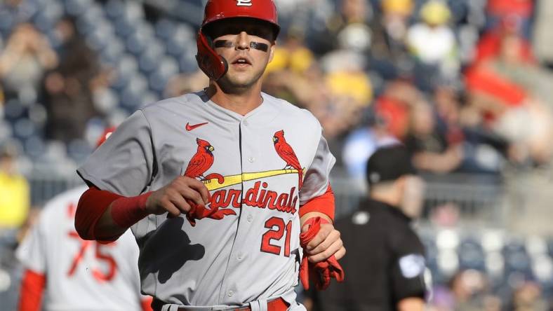 Oct 5, 2022; Pittsburgh, Pennsylvania, USA;  St. Louis Cardinals designated hitter Lars Nootbaar (21) runs home to score a run against the Pittsburgh Pirates during the first inning at PNC Park. Mandatory Credit: Charles LeClaire-USA TODAY Sports