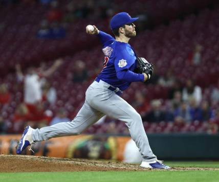 Oct 5, 2022; Cincinnati, Ohio, USA; Chicago Cubs relief pitcher Brandon Hughes (47) throws a pitch against the Cincinnati Reds during the ninth inning at Great American Ball Park. Mandatory Credit: David Kohl-USA TODAY Sports