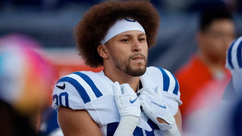 Oct 6, 2022; Denver, Colorado, USA; Indianapolis Colts running back Phillip Lindsay (30) before the game against the Denver Broncos at Empower Field at Mile High. Mandatory Credit: Isaiah J. Downing-USA TODAY Sports