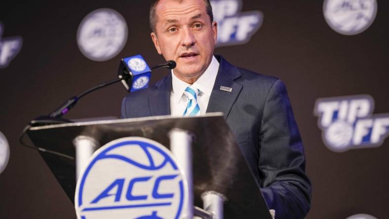 Oct 12, 2022; Charlotte, North Carolina, US; ACC commissioner James Phillips addresses the media during the ACC Men s  Basketball Tip-Off in Charlotte, NC.  Mandatory Credit: Jim Dedmon-USA TODAY Sports