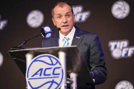 Oct 12, 2022; Charlotte, North Carolina, US; ACC commissioner James Phillips addresses the media during the ACC Men s  Basketball Tip-Off in Charlotte, NC.  Mandatory Credit: Jim Dedmon-USA TODAY Sports