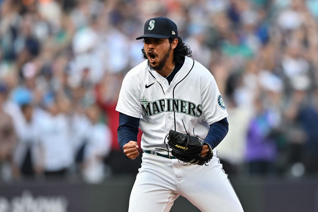 Oct 15, 2022; Seattle, Washington, USA; Seattle Mariners relief pitcher Andres Munoz (75) reacts in the eighth inning against the Houston Astros during game three of the ALDS for the 2022 MLB Playoffs at T-Mobile Park. Mandatory Credit: Steven Bisig-USA TODAY Sports