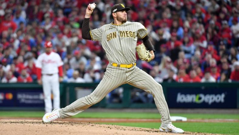 Oct 21, 2022; Philadelphia, Pennsylvania, USA; Oct 21, 2022; Philadelphia, Pennsylvania, USA; San Diego Padres starting pitcher Joe Musgrove (44) pitches in the first inning during game three of the NLCS against the Philadelphia Phillies for the 2022 MLB Playoffs at Citizens Bank Park. Mandatory Credit: Eric Hartline-USA TODAY Sports