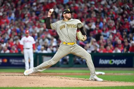 Oct 21, 2022; Philadelphia, Pennsylvania, USA; Oct 21, 2022; Philadelphia, Pennsylvania, USA; San Diego Padres starting pitcher Joe Musgrove (44) pitches in the first inning during game three of the NLCS against the Philadelphia Phillies for the 2022 MLB Playoffs at Citizens Bank Park. Mandatory Credit: Eric Hartline-USA TODAY Sports