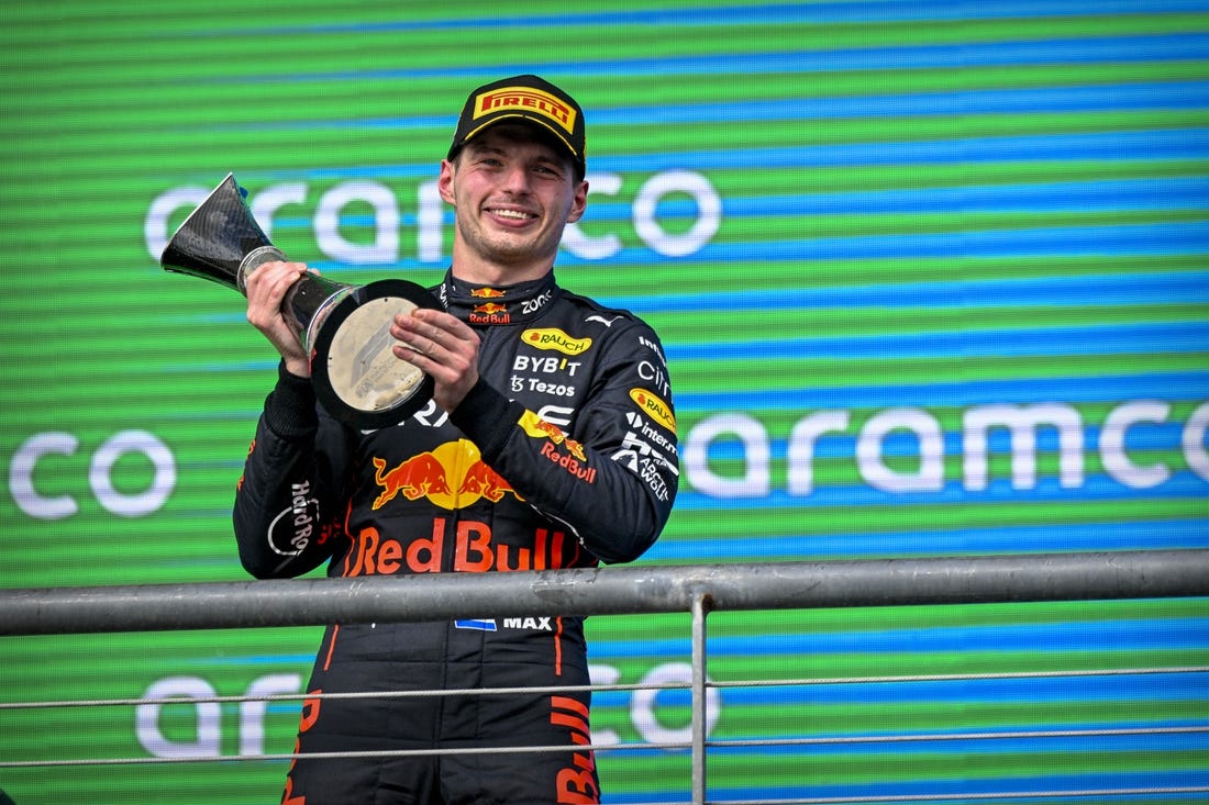 Oct 23, 2022; Austin, Texas, USA; Red Bull Racing Limited driver Max Verstappen (1) of Team Netherlands celebrates winning the U.S. Grand Prix F1 race at Circuit of the Americas. Mandatory Credit: Jerome Miron-USA TODAY Sports