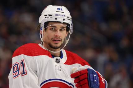 Oct 27, 2022; Buffalo, New York, USA;  Montreal Canadiens center Sean Monahan (91) during a stoppage in play against the Buffalo Sabres during the third period at KeyBank Center. Mandatory Credit: Timothy T. Ludwig-USA TODAY Sports