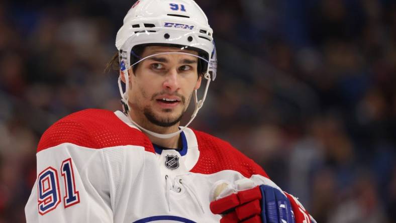 Oct 27, 2022; Buffalo, New York, USA;  Montreal Canadiens center Sean Monahan (91) during a stoppage in play against the Buffalo Sabres during the third period at KeyBank Center. Mandatory Credit: Timothy T. Ludwig-USA TODAY Sports