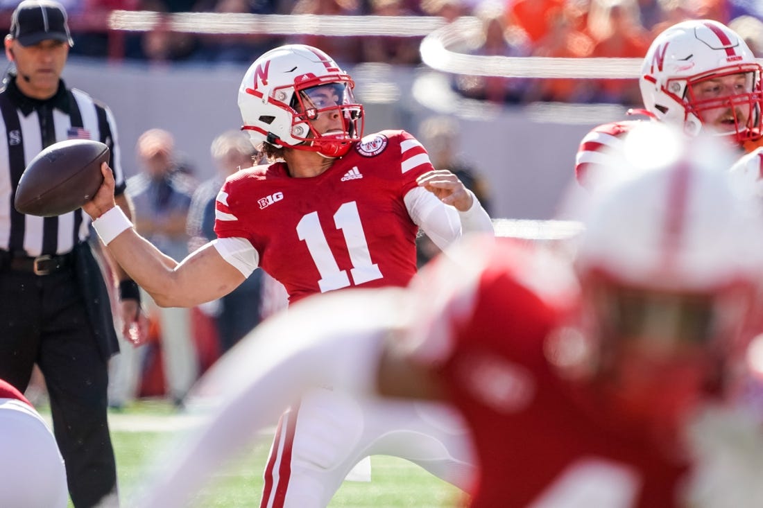 Oct 29, 2022; Lincoln, Nebraska, USA; Nebraska Cornhuskers quarterback Casey Thompson (11) passes against the Illinois Fighting Illini during the first quarter at Memorial Stadium. Mandatory Credit: Dylan Widger-USA TODAY Sports