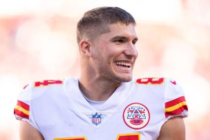 October 23, 2022; Santa Clara, California, USA; Kansas City Chiefs wide receiver Justin Watson (84) after the game against the San Francisco 49ers at Levi's Stadium. Mandatory Credit: Kyle Terada-USA TODAY Sports