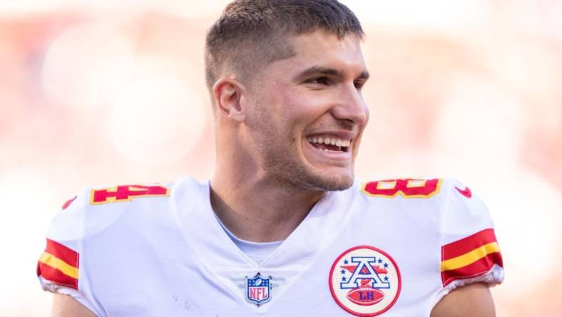 October 23, 2022; Santa Clara, California, USA; Kansas City Chiefs wide receiver Justin Watson (84) after the game against the San Francisco 49ers at Levi's Stadium. Mandatory Credit: Kyle Terada-USA TODAY Sports