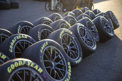 Nov 4, 2022; Avondale, Arizona, USA; Detailed view of single lug nut wheels and tires for NASCAR Cup Series cars during practice for the NASCAR championship race at Phoenix Raceway. Mandatory Credit: Mark J. Rebilas-USA TODAY Sports