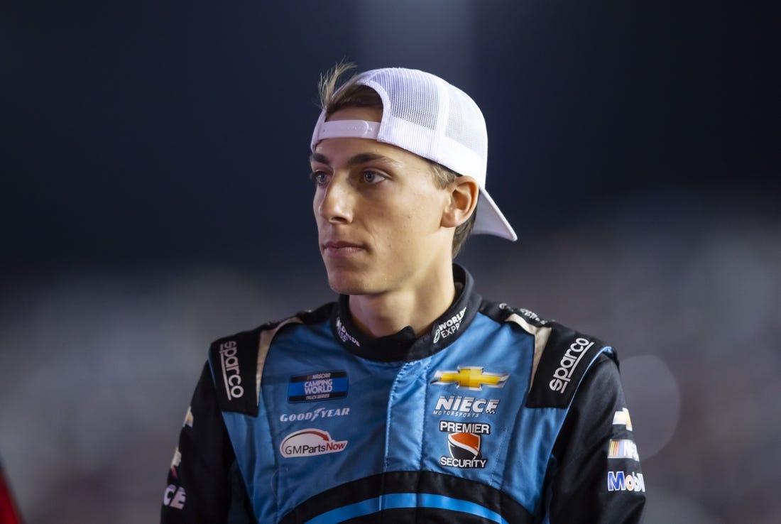 Nov 4, 2022; Avondale, Arizona, USA; Camping World Truck Series driver Carson Hocevar during the Lucas Oil 150 Truck Series Championship at Phoenix Raceway. Mandatory Credit: Mark J. Rebilas-USA TODAY Sports