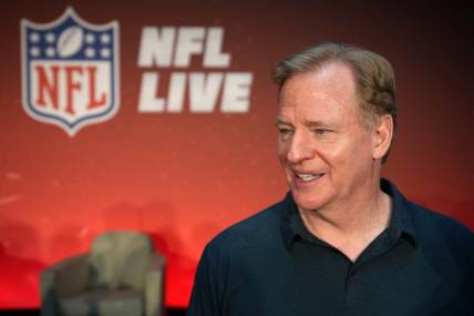 Nov 12, 2022; Munich, Germany; NFL commissioner Roger Goodell reacts during the NFL Live Fan Forum at the Hotel Bayerischer Hof. Mandatory Credit: Kirby Lee-USA TODAY Sports