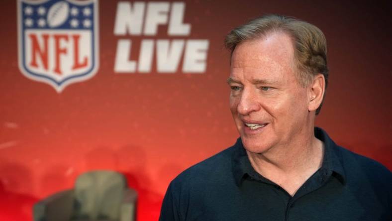 Nov 12, 2022; Munich, Germany; NFL commissioner Roger Goodell reacts during the NFL Live Fan Forum at the Hotel Bayerischer Hof. Mandatory Credit: Kirby Lee-USA TODAY Sports