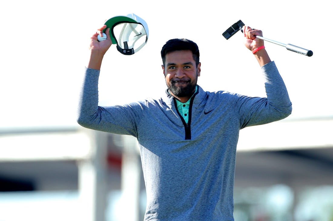 Nov 13, 2022; Houston, Texas, USA; Tony Finau celebrates after winning the Cadence Bank Houston Open golf tournament. Mandatory Credit: Erik Williams-USA TODAY Sports