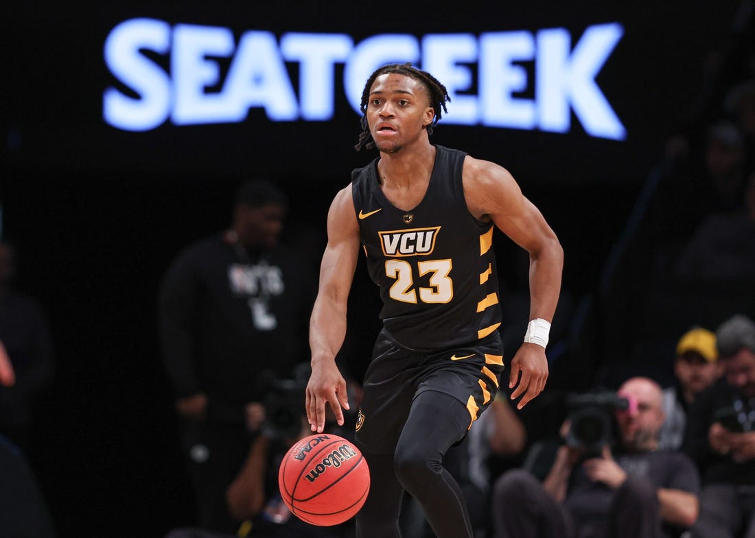 Nov 16, 2022; Brooklyn, New York, USA; Virginia Commonwealth Rams guard Jayden Nunn (23) dribbles up court  during the second half against the Arizona State Sun Devils at Barclays Center. Mandatory Credit: Vincent Carchietta-USA TODAY Sports