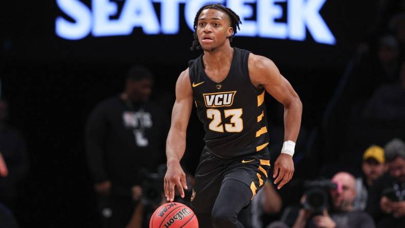 Nov 16, 2022; Brooklyn, New York, USA; Virginia Commonwealth Rams guard Jayden Nunn (23) dribbles up court  during the second half against the Arizona State Sun Devils at Barclays Center. Mandatory Credit: Vincent Carchietta-USA TODAY Sports