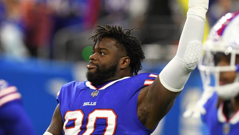 Nov 20, 2022; Detroit, Michigan, USA;  Buffalo Bills defensive end Shaq Lawson (90) during pre-game warmups before their game against the Cleveland Browns at Ford Field. Mandatory Credit: Lon Horwedel-USA TODAY Sports