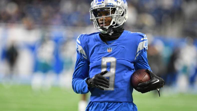 Dec 4, 2022; Detroit, Michigan, USA; Detroit Lions wide receiver Jameson Williams (9) warms up prior to his first game for the Lions coming off injury against the Jacksonville Jaguars at Ford Field. Mandatory Credit: Lon Horwedel-USA TODAY Sports