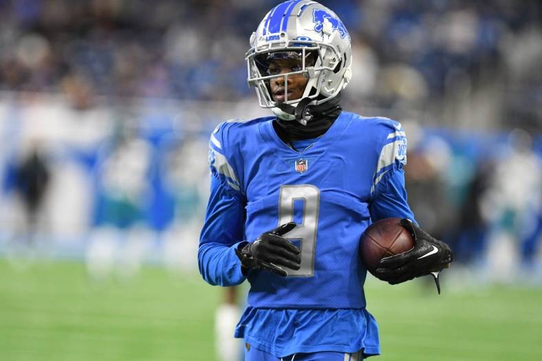 Dec 4, 2022; Detroit, Michigan, USA; Detroit Lions wide receiver Jameson Williams (9) warms up prior to his first game for the Lions coming off injury against the Jacksonville Jaguars at Ford Field. Mandatory Credit: Lon Horwedel-USA TODAY Sports