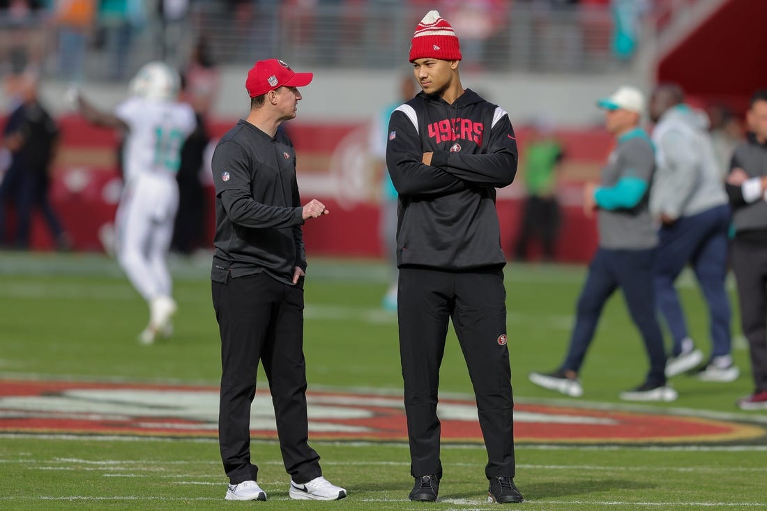 Dec 4, 2022; Santa Clara, California, USA; San Francisco 49ers quarterback Trey Lance (5) before the game against the Miami Dolphins at Levi's Stadium. Mandatory Credit: Sergio Estrada-USA TODAY Sports