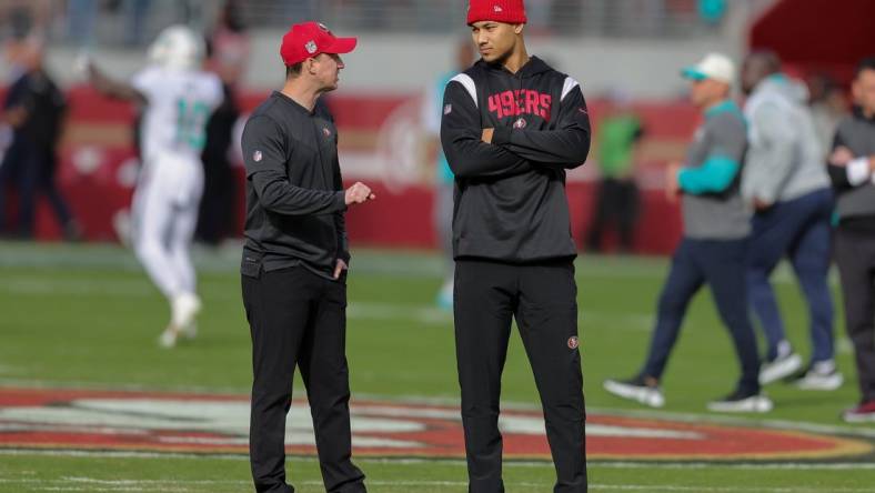 Dec 4, 2022; Santa Clara, California, USA; San Francisco 49ers quarterback Trey Lance (5) before the game against the Miami Dolphins at Levi's Stadium. Mandatory Credit: Sergio Estrada-USA TODAY Sports