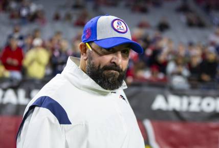 Dec 12, 2022; Glendale, Arizona, USA; New England Patriots offensive line coach Matt Patricia against the Arizona Cardinals at State Farm Stadium. Mandatory Credit: Mark J. Rebilas-USA TODAY Sports