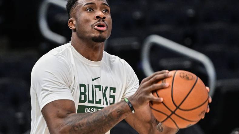 Dec 17, 2022; Milwaukee, Wisconsin, USA; Milwaukee Bucks forward Thanasis Antetokounmpo (43) warms up before a  game against the Utah Jazz at Fiserv Forum. Mandatory Credit: Benny Sieu-USA TODAY Sports